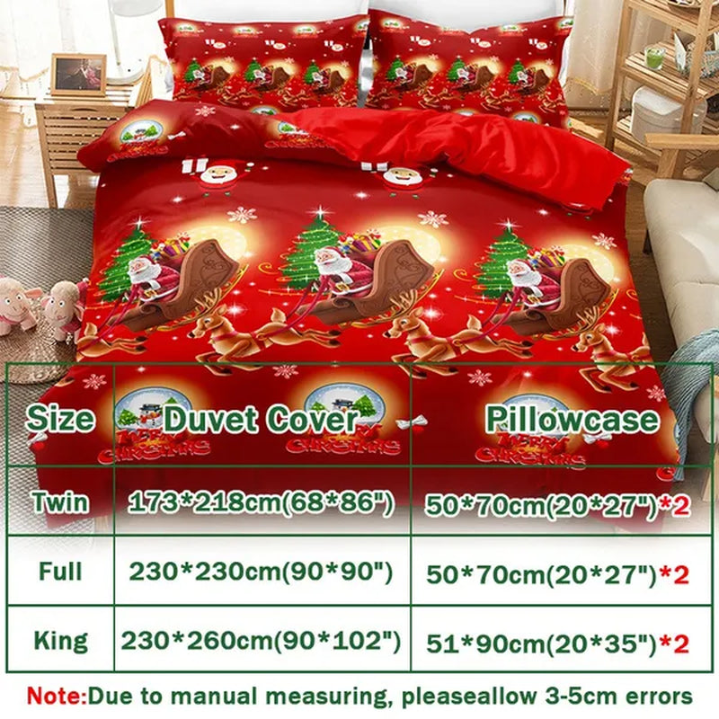 3Pcs/Set Christmas Duvet Cover Pillowcase Set,Christmas Holiday Decorative Comforter Cover Set Red with Christmas Reindeer and Snowflake Patterns Pillowcase (Quilt, pillow heart not included)