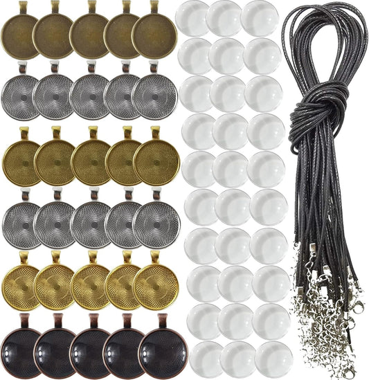 90PCS Rhinestone Bezel Pendant Trays Set 30PCS Cabochon Pendant Setting 30PCS Clear Glass Cabochons and 30PCS Waxed Necklace Cord for Photo Pendant DIY Jewelry Making（6 Colors）