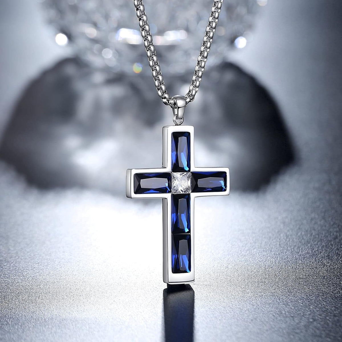 Birthstone Cross Necklace for Men, 316L Stainless Steel with Cubic Zirconia Cross Pendant Necklace for Women, 24Inch Chain Handmade Jewelry