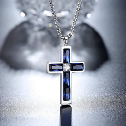 Birthstone Cross Necklace for Men, 316L Stainless Steel with Cubic Zirconia Cross Pendant Necklace for Women, 24Inch Chain Handmade Jewelry