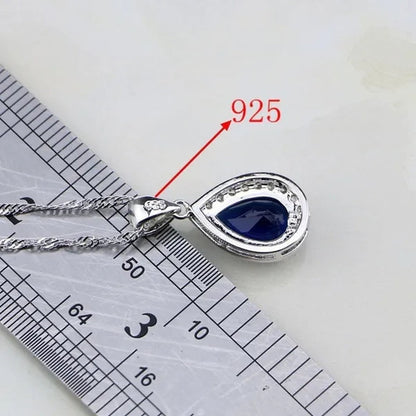Trendy Water Drop Blue Sapphire White Topaz 925 Sterling Silver Jewelry Sets Women Wedding Earrings/Pendant/Necklace/Bracelet