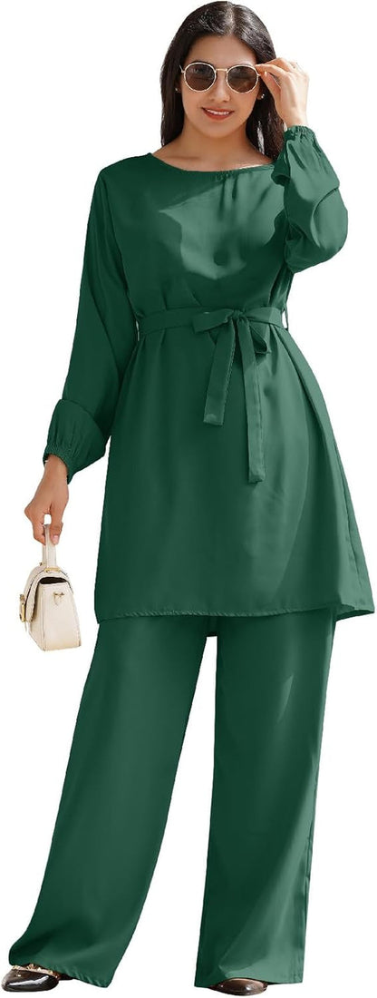 Abayas for Women Muslim Long Sleeve Loose Top Pants 2 Pcs Eid Ramadan Outfits Casual Islamic Muslim Clothes with Belt