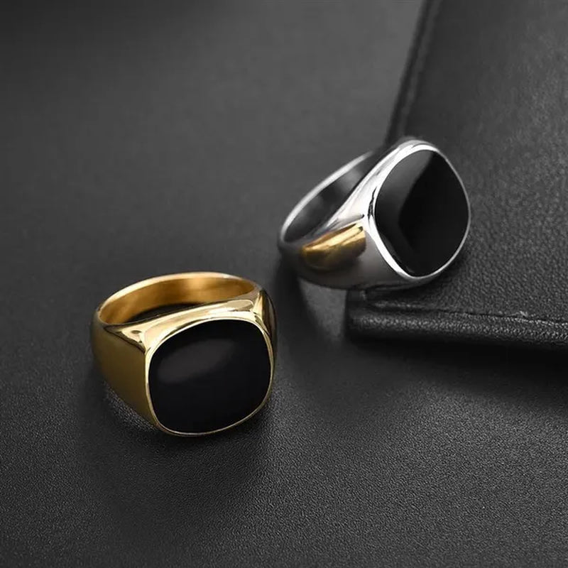 Men's Classic Simple Rounded Square Dripping Oil Stainless Steel Ring Silver Plated Gold Color Groom Wedding Engagement Anniversary Gift Jewelry