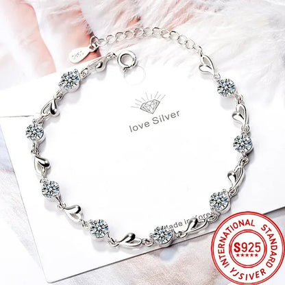 Hot 925 Sterling Silver Zircon Love Heart Shaped Bracelets Crystals  for Women Valentines Gift Wedding Party Cute Jewelry