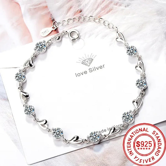 Hot 925 Sterling Silver Zircon Love Heart Shaped Bracelets Crystals  for Women Valentines Gift Wedding Party Cute Jewelry