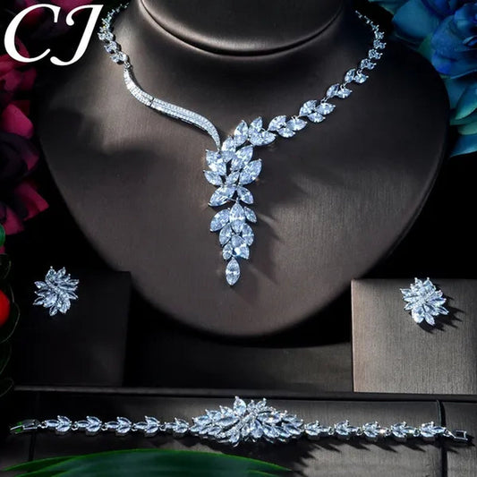 CANDICE Gorgeous Big Long Flower Pendant Necklace Earrings and Bracelet Bridal 3pcs Set Pave Brilliant Marquise Cubic Zirconia Platinum Plated Wedding Party Jewelry for Women