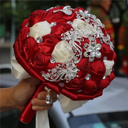 21CM Silver Rhinestone Bridal Hand Flowers Ribbon Wedding Hand Bouquet Mixed Color Silk Rose Diamond Brooch Bridesmaid Bouquet Wedding Supplies