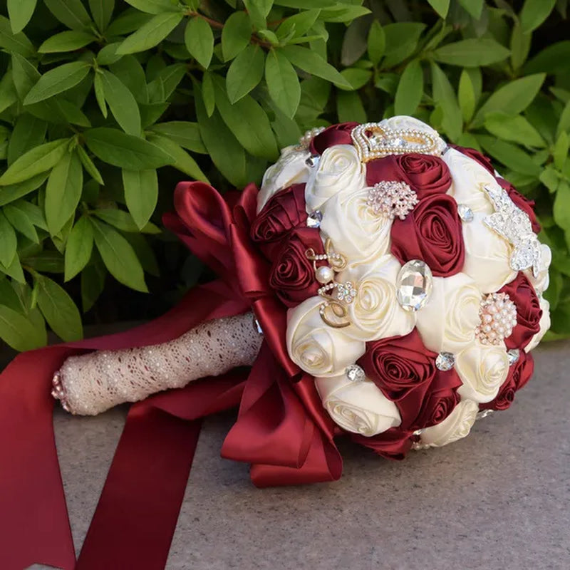 21CM Satin Ribbon Roses Wedding Bouquet Pearl Crystal Brooch Bride Holding Flowers Artificial Rose Wedding Flower Bridesmaid Bouquet. Multi-color Optional