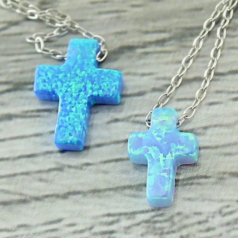 Blue Opal Cross Shaped Pendant Necklace for Women 925 Sterling Silver Chain Opal Jewelry