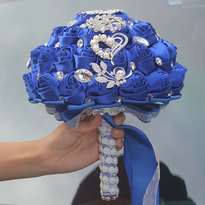 24CM Customized Silk Rose Wedding Bouquet Sapphire blue Artificial Flowers Wedding Bridal Bouquet Luxury Crystal Pearl Brooch Bridesmaid Bride Holding Flowers