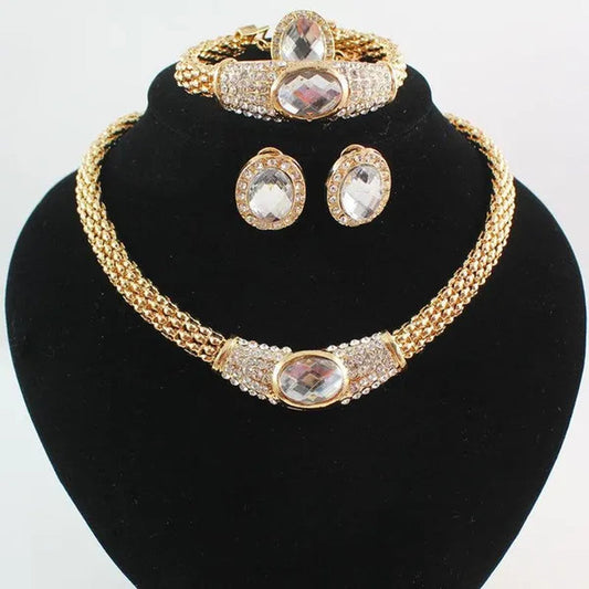 Women Gold Plated Crystal Gem Necklace Wedding Party Jewelry Sets 4 Colors