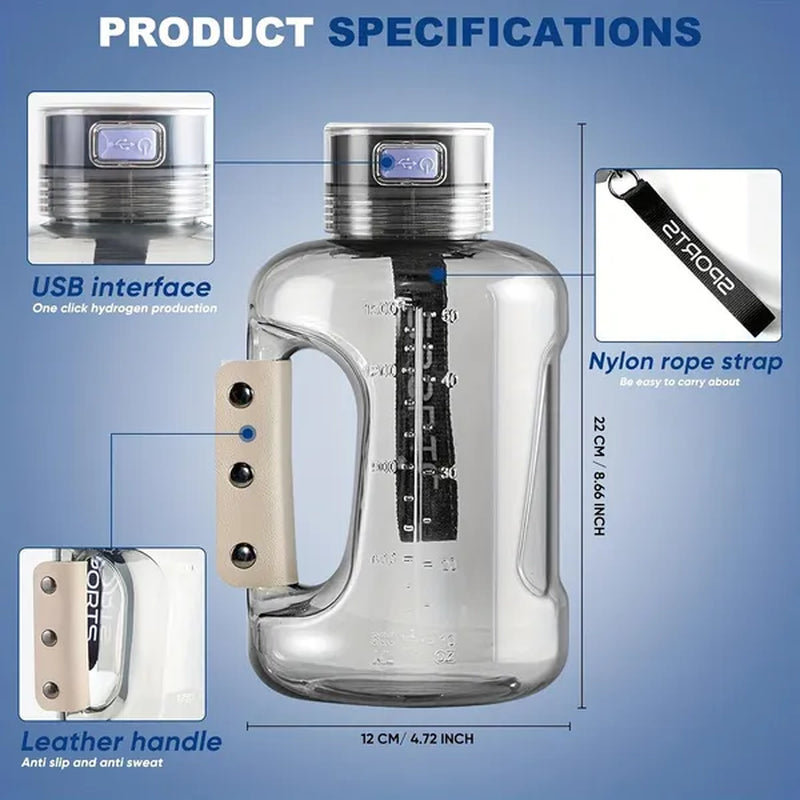 57oz MAX Hydrogen Water Bottle, Hydrogen Water Generator With SPE/PEM Technology, 2500PPD Pure Hydrogen Rich Concentration, 1.5L Large Capacity Leakproof Sports Drinking Bottle With Handle  Shoulder Strap, Portable Sports Water Bottle