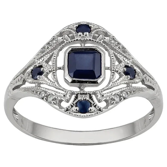 10k White Gold Vintage Style Genuine Sapphire and Diamond Ring