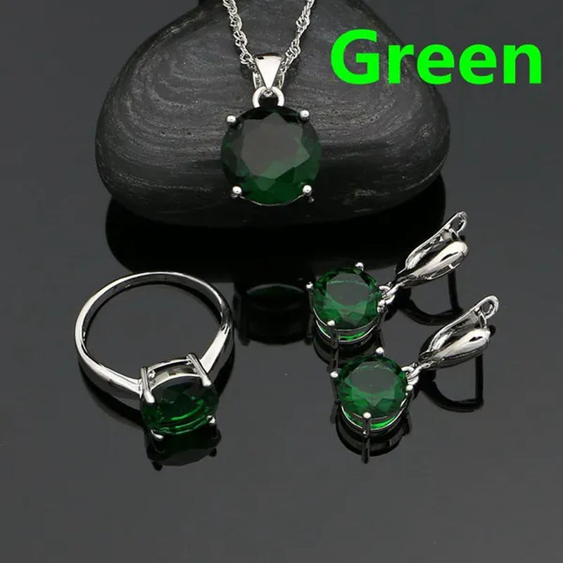 925 Sterling Silver Jewelry Sets Green Emerald Earrings Ring Pendant Neckalce Round Jewelry Women Accessories