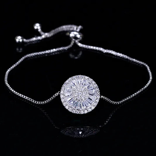Gloriya Trendy Round Charm Pave Sparkling White Cubic Zirconia Silver Plated Adjustable Box Chain Bracelet & Bangle for Women Korean Simple Minimalist Jewelry