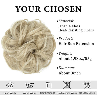 Large Messy Bun Hair Piece Wavy Curly Scrunchies Synthetic Chignon Ponytail Hair Extensions Thick Updo Hairpieces for Women Ash Blonde