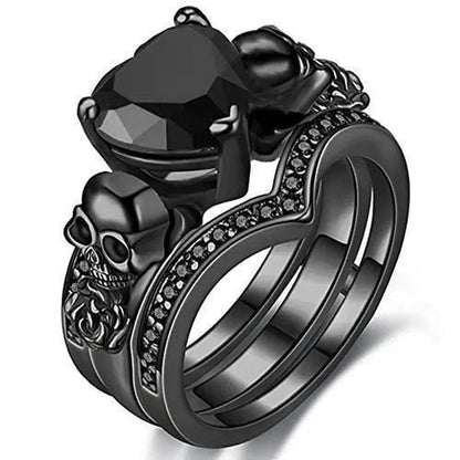 Gothic Black Rose Flower Skull Engagement Rings Set Red Purple Heart-shaped Zircon Crystal Wedding Anniversary Holiday Gift