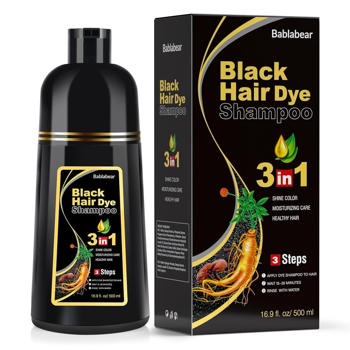 Black Hair Dye Shampoo for Gray Hair, Semi-Permanent Hair Color Shampoo for Women and Men, Herbal Ingredients, 3 in 1 100% Grey Coverage.Lasts 30 Days/500Ml/Natural Herbal Ingredients
