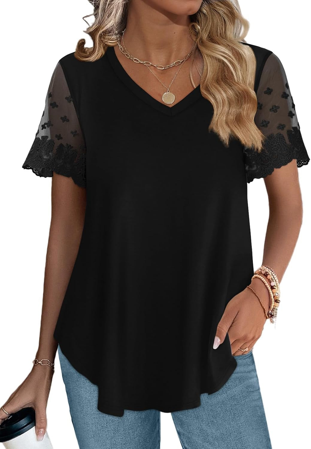 Casual V Neck T Shirts for Women Lace Short Sleeve Curved Hem Tops Loose Fit