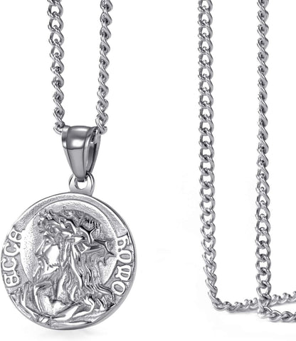 Mens Stainless Steel Crown of Thorns Head of Jesus Christ Pendant Necklace round Medal Prayer Coin Pendant with Link Chain