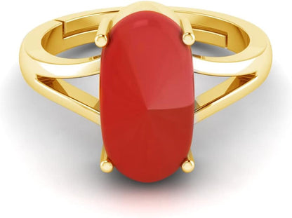 Natural Red Coral Moonga Certified Jewelry Gifts Ring 8.20 Carat Astrological Birthstone 22K Gold Plated Adjustable Ring for Men or Women
