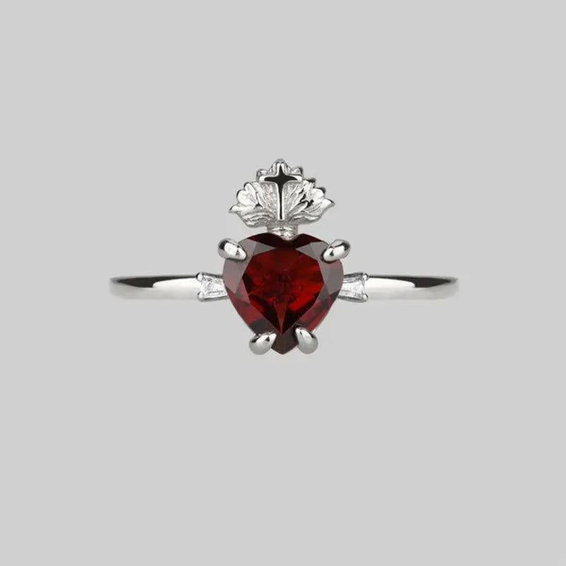 Elegant Exquisite silver plated Ring Sacred Heart Ruby Ring Women's Fashion Engagement Anniversary Zircon Ring