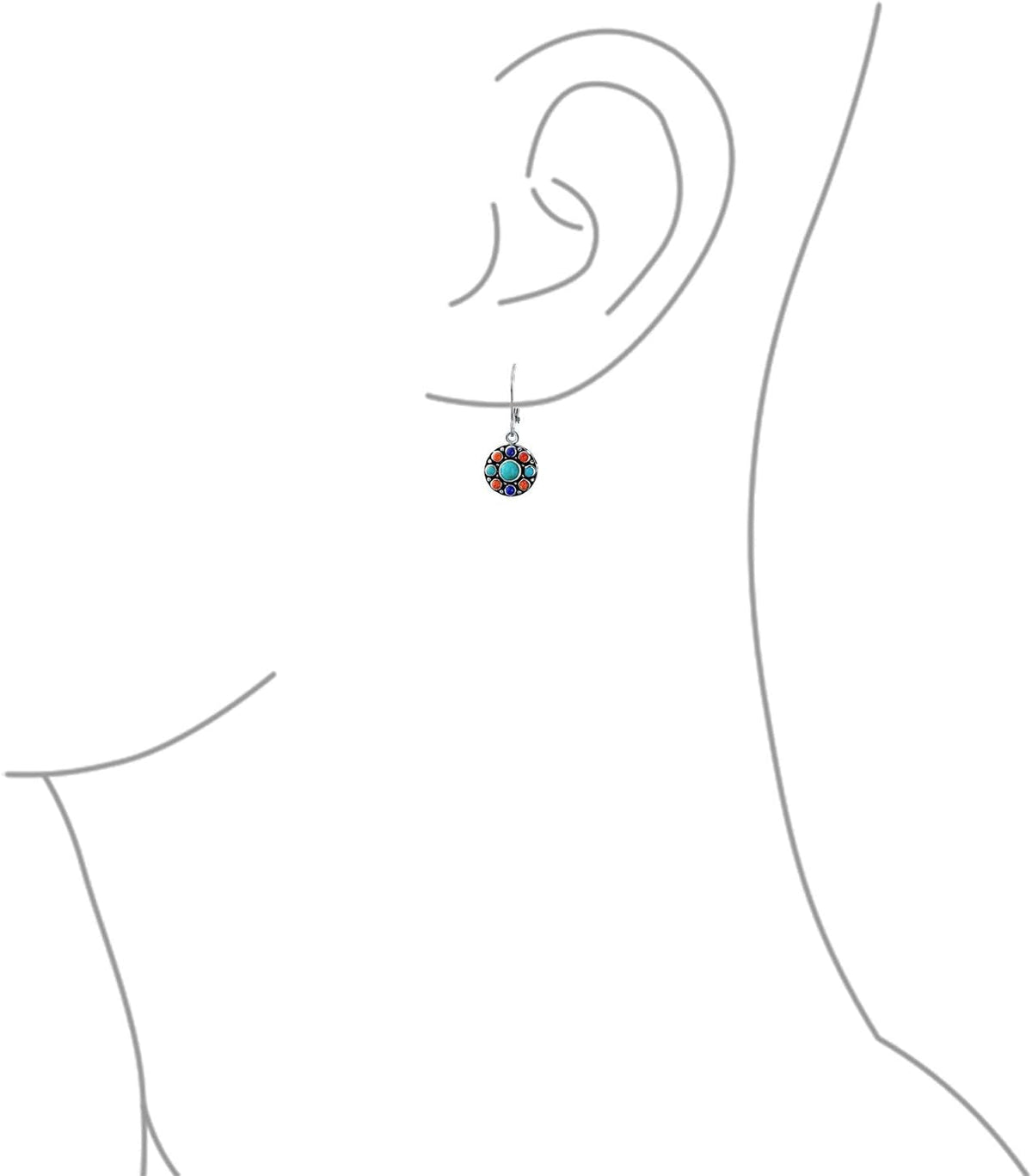 Western Jewelry Multicolor Gemstone Orange Purple Turquoise round Circle Oval Medallion Disc Dangle Earrings for Women Oxidized .925 Sterling Silver Lever Back