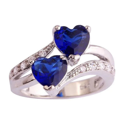 Exquisite 925 Sterling Silver Double Love Heart Rings Natural Sapphire Gemstones Crystal Diamond Wedding Engagement Ring Jewelry Accessories