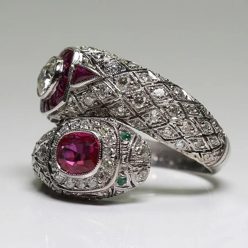 Antique Art Deco 925 Sterling Silver Ruby & White Sapphire Snake Ring Size 5 6 7 8 9 10 11 12