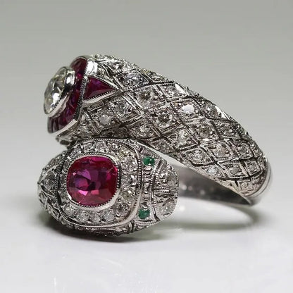 Antique Art Deco 925 Sterling Silver Ruby & White Sapphire Snake Ring Size 5 6 7 8 9 10 11 12