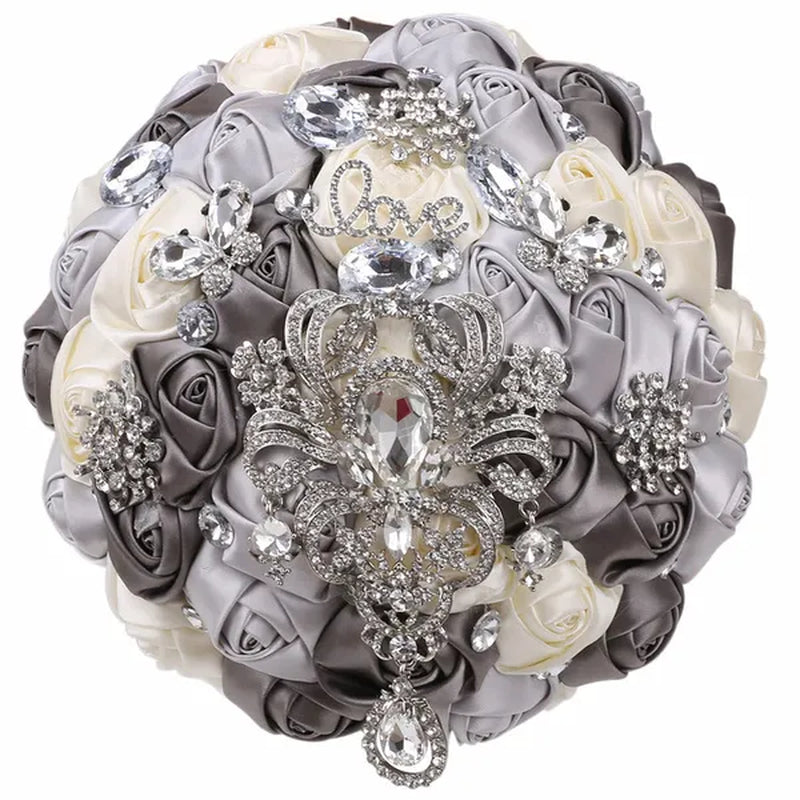 21CM Shiny Silver Rhinestone Brooch Bridal Bouquet Handmade Silk Rose Ribbon Diamond Wedding Flower Bouquet Bridesmaid Holding Flowers