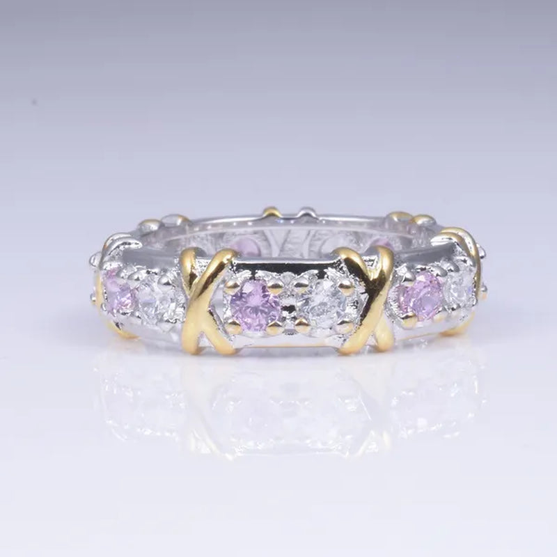 Brand Jewelry Lady's 925 Sterling Silver pink Tanzanite Couple rings Yellow Gold Cross Eternal Wedding Ring for Women