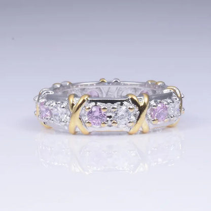 Brand Jewelry Lady's 925 Sterling Silver pink Tanzanite Couple rings Yellow Gold Cross Eternal Wedding Ring for Women