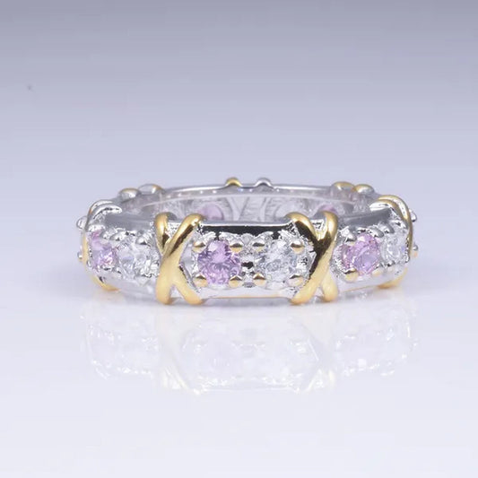 Brand Jewelry Lady's 925 Sterling Silver pink Tanzanite Couple rings Yellow Gold Cross Eternal Wedding Ring for Women