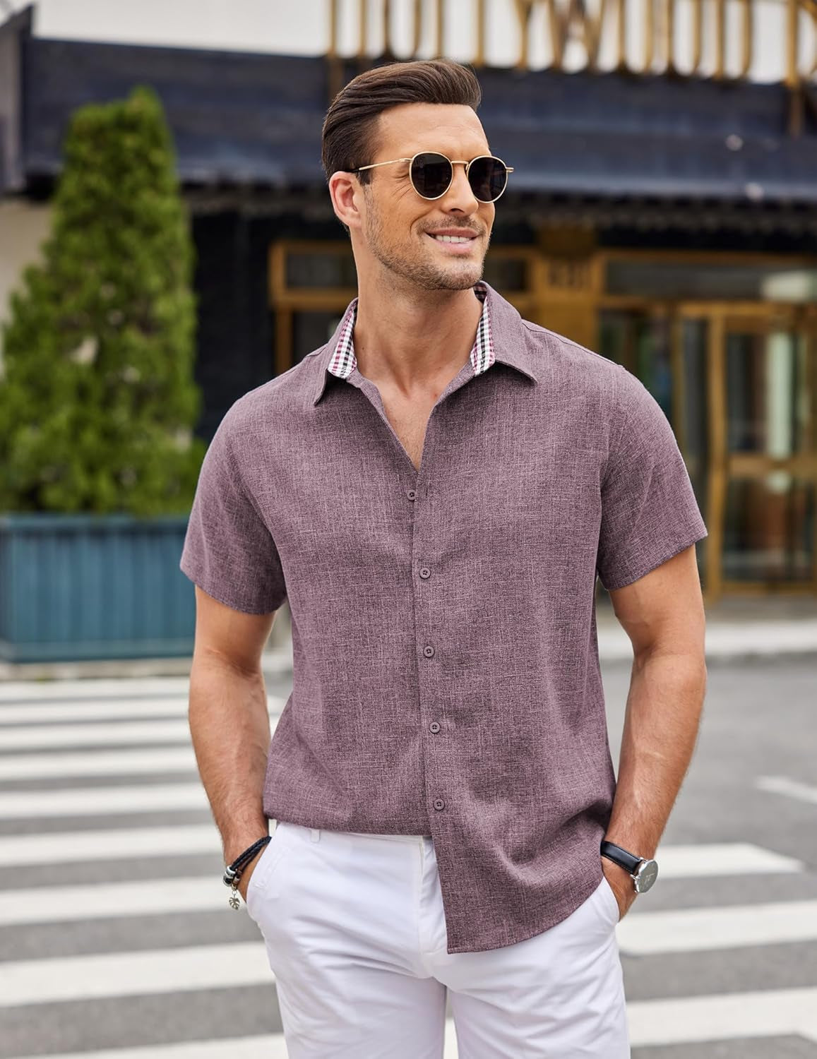Mens Linen Shirt Short Sleeve Button down Shirts Casual Plaid Collar Summer Beach Shirts