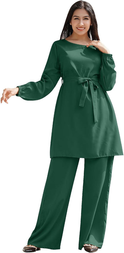 Abayas for Women Muslim Long Sleeve Loose Top Pants 2 Pcs Eid Ramadan Outfits Casual Islamic Muslim Clothes with Belt