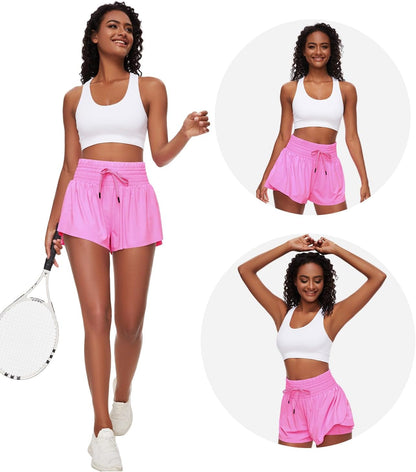 Women Flowy Athletic Shorts,2 in 1 High Waisted Running Shorts with Pocket Yoga Workout Casual Wear Summer