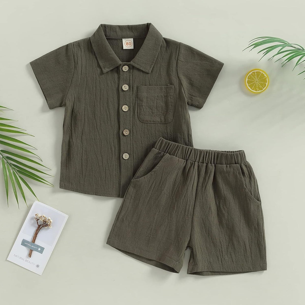 Baby Boy Cotton Linen Shorts Set Solid Color Short Sleeve Button down T-Shirt Tops and Shorts Summer Outfit Clothes