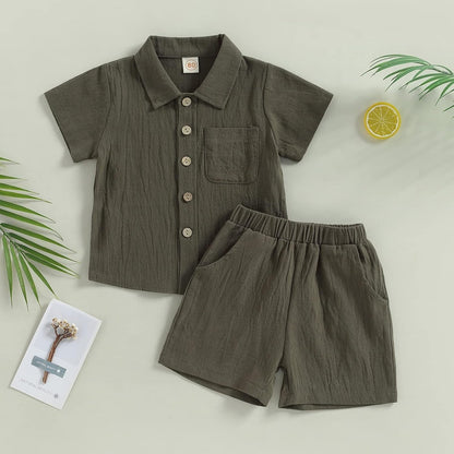 Baby Boy Cotton Linen Shorts Set Solid Color Short Sleeve Button down T-Shirt Tops and Shorts Summer Outfit Clothes