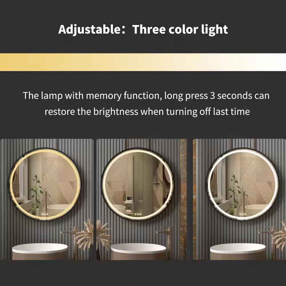 24 In. W X 24 In. H round Aluminum Framed Antifog 3-Color Dimmable LED Lighted Wall Hanging Bathroom Vanity Mirror Black