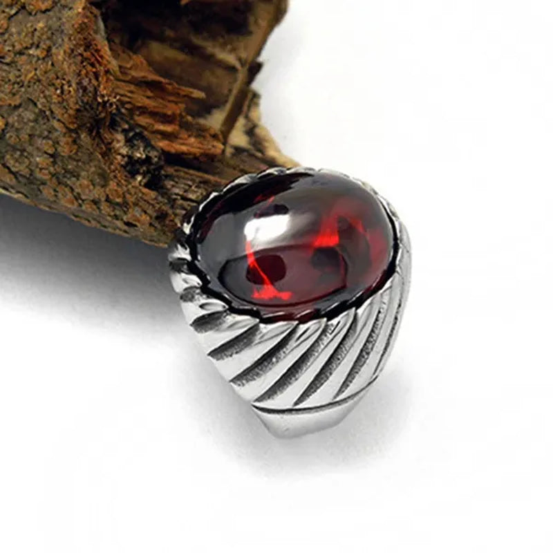 NOVE JEWELRY men's fashion new elegant vintage gothic band 316L stainless steel ring ellipse charm red rhinestone rings wedding band silver + red US Size 7 to 12