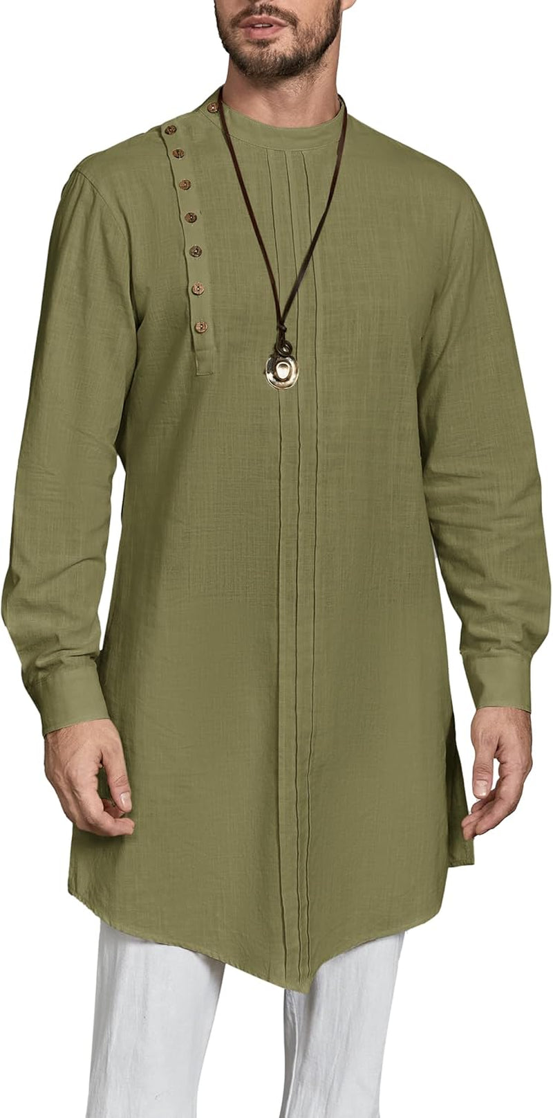 Mens Kaftan Thobe Long Sleeve Robe Gown Casual Cotton Linen Button Muslim Shirt