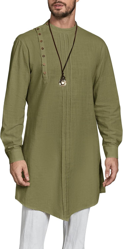 Mens Kaftan Thobe Long Sleeve Robe Gown Casual Cotton Linen Button Muslim Shirt