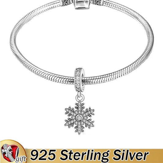 Simple 925 Sterling Silver Full White CZ Snowflake Pendant Charm Fit Women Bracelet & Necklace DIY Jewelry for Christmas Beads Gift