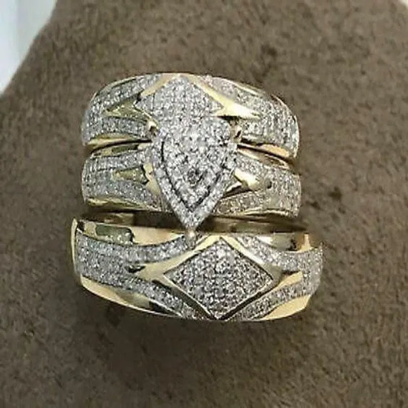 3pcs Fashion Heart White Sapphire Ring Set Anniversary Gift Engagement Bridal Wedding Rings Jewelry Set Size 4-12