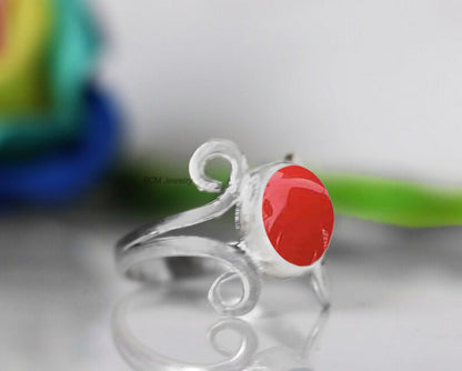 925 Sterling Silver Rings for Women, Uniquely Handcrafted Ring for Her, Valentine Day, Christmas Gift (US Ring Size 7, Coral)