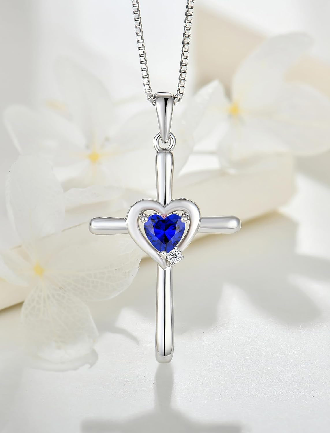 Cross Necklace 925 Sterling Silver Religious Pendant Crucifix Heart Birthstone Jewelry