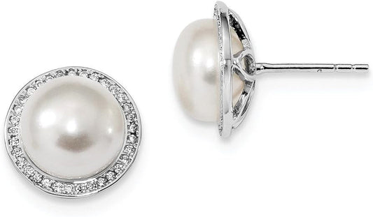 Solid 925 Sterling Silver RH 10-11Mm Button FWC Simulated Pearl CZ Cubic Zirconia Post Earrings