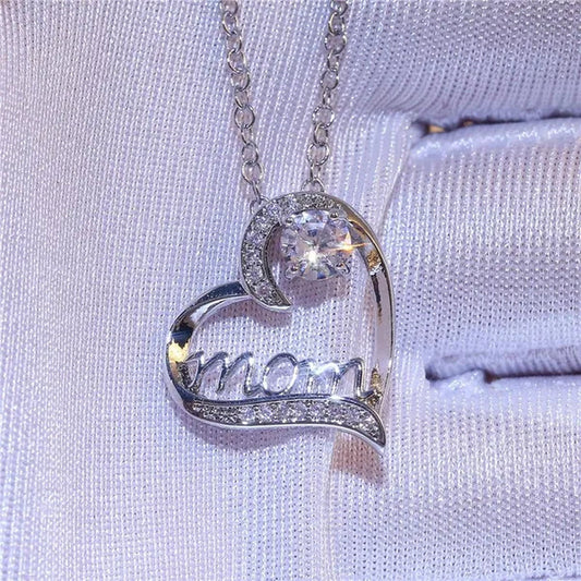 Love Mum Silver Plated Ruby MOM Character Emerald Necklace Jewelry Family Birthday Best Gift for Mother Mummy Party Wedding Band Necklace Christmas Gift