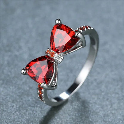 Fashion Women Girl Garnet Red Ruby Bow Ring 18K White Gold Bride Princess Wedding Engagement Jewelry Gifts